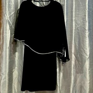 Women’s black knee length dress with sheer overlay
